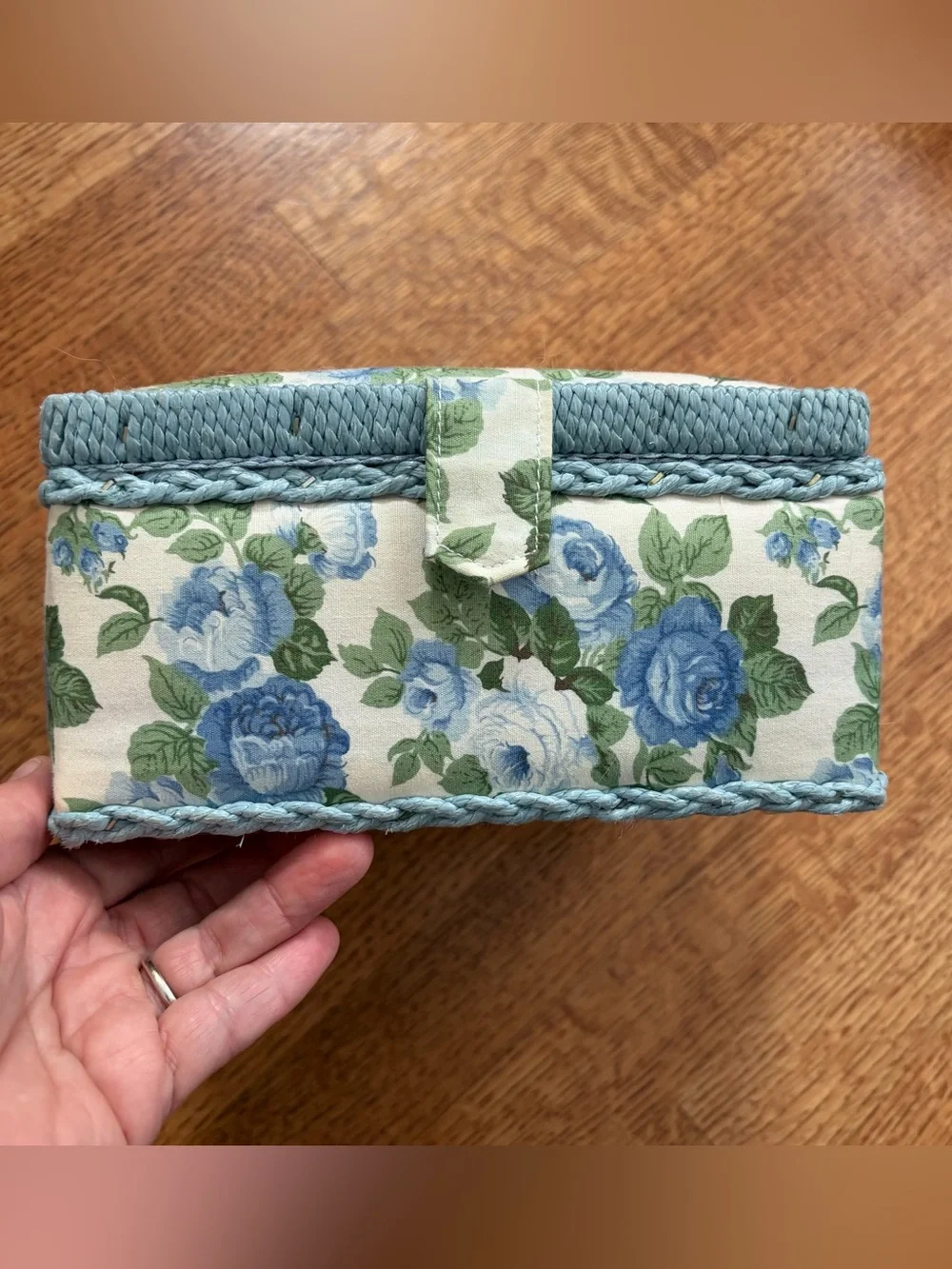 Vintage Floral Quilted Fabric Sewing Box Basket Blue Cottagecore Country Chic